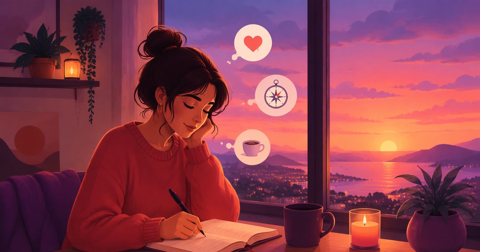 Illustration of a person journaling by a window at dusk with floating thought bubbles
